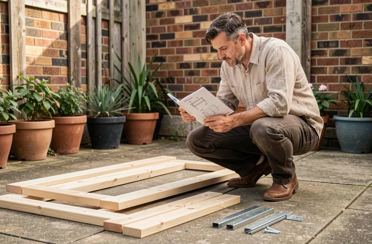 Homme assemblant un abri de jardin en bois en kit sur une terrasse en béton, avec planches en pin et notice de montage