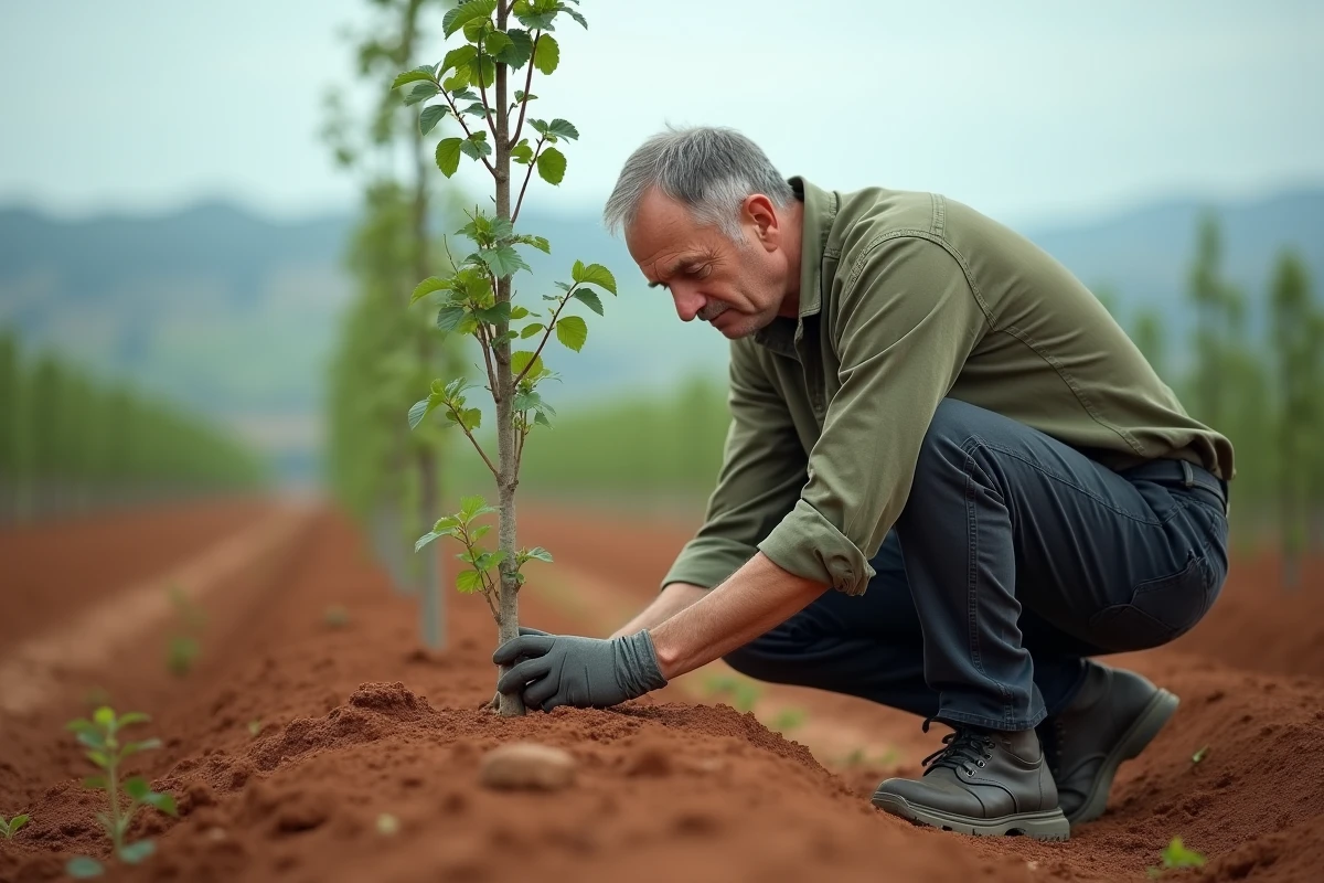Homme examinant la base d'un jeune mûrier planté dans un verger en rang, sol travaillé visible au premier plan avec paysage rural en arrière-plan