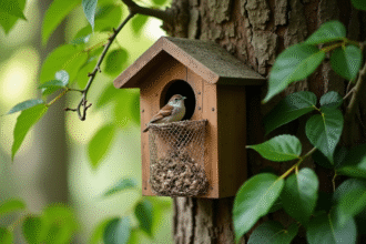 Nichoir pour moineau camouflé dans la verdure