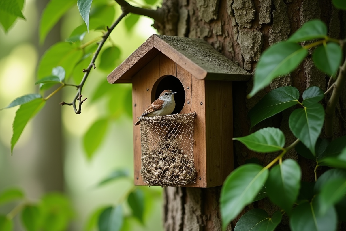 Nichoir pour moineau camouflé dans la verdure