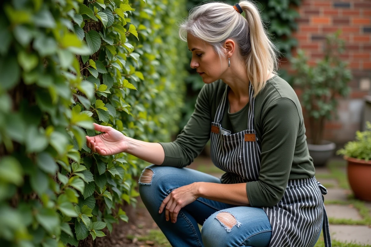 Femme inspectant les nouvelles pousses vertes sur une haie de laurier rajeunie après une taille douce dans un jardin urbain