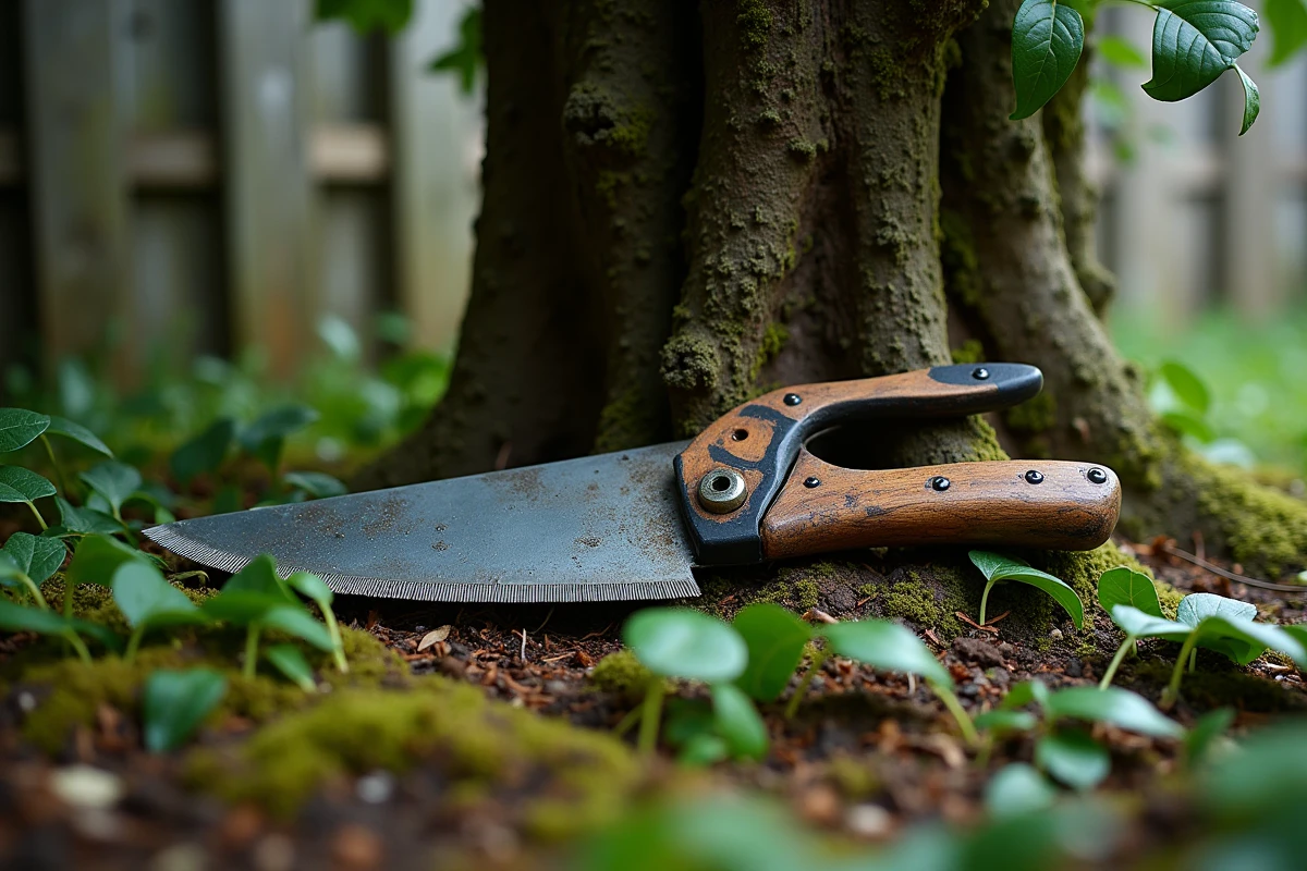 Outils de taille posés contre la base d'une vieille haie de laurier avec des tiges ligneuses épaisses et des branches fraîchement coupées
