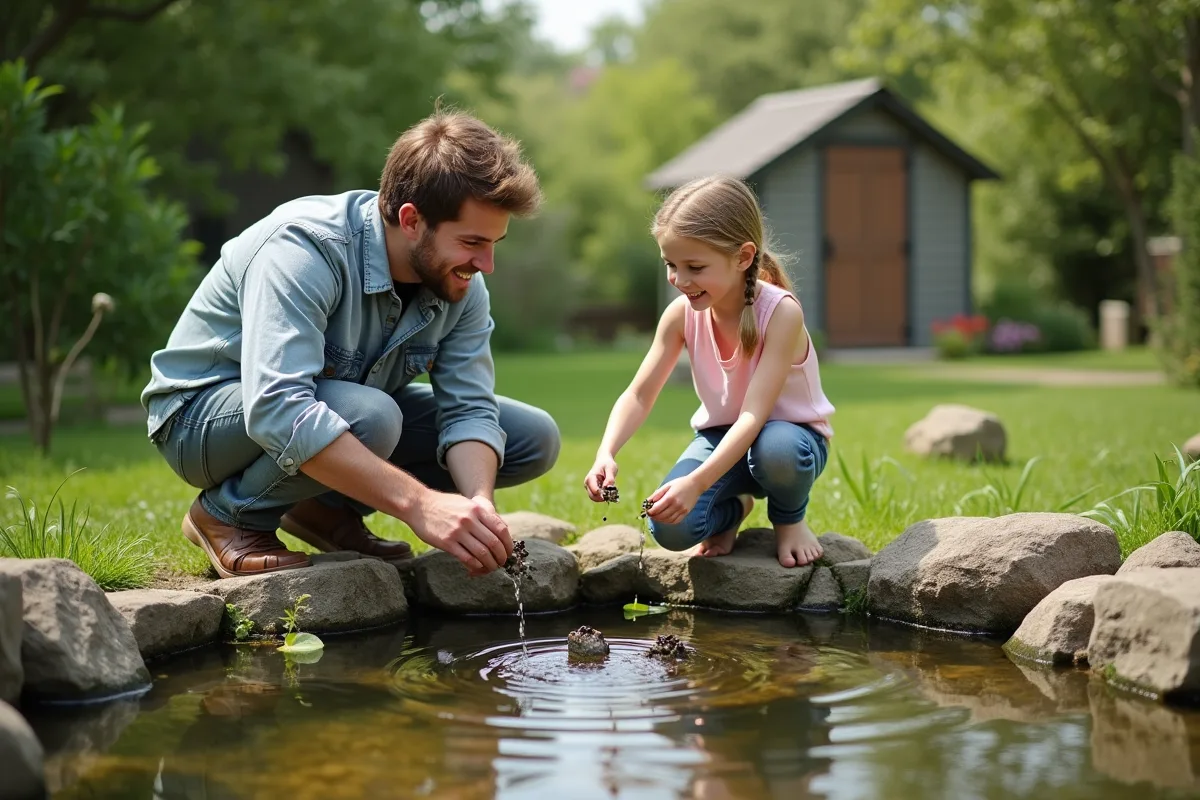 Père et fille relâchant des grenouilles dans l