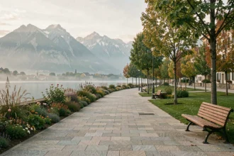 Promenade rénovée dans un parc d'Annecy avec vue sur les Alpes et le lac au petit matin