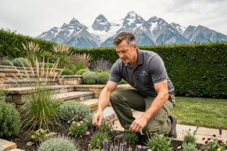 Paysagiste professionnel inspectant des plantations alpines dans un jardin aménagé en terrasses avec vue sur les montagnes de Haute-Savoie