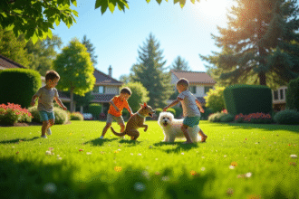 Enfants et chien jouent sur une pelouse verte ensoleillée