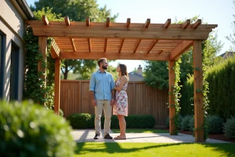 Couple installant une pergola 5x4 en bois dans un jardin pavillonnaire, structure complète visible avec plantes grimpantes