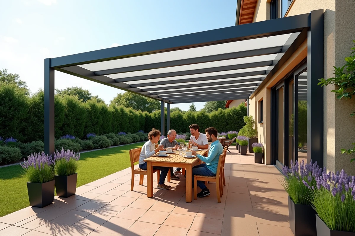Famille déjeunant sous une pergola aluminium 5x4 avec toit en polycarbonate sur une terrasse en carrelage