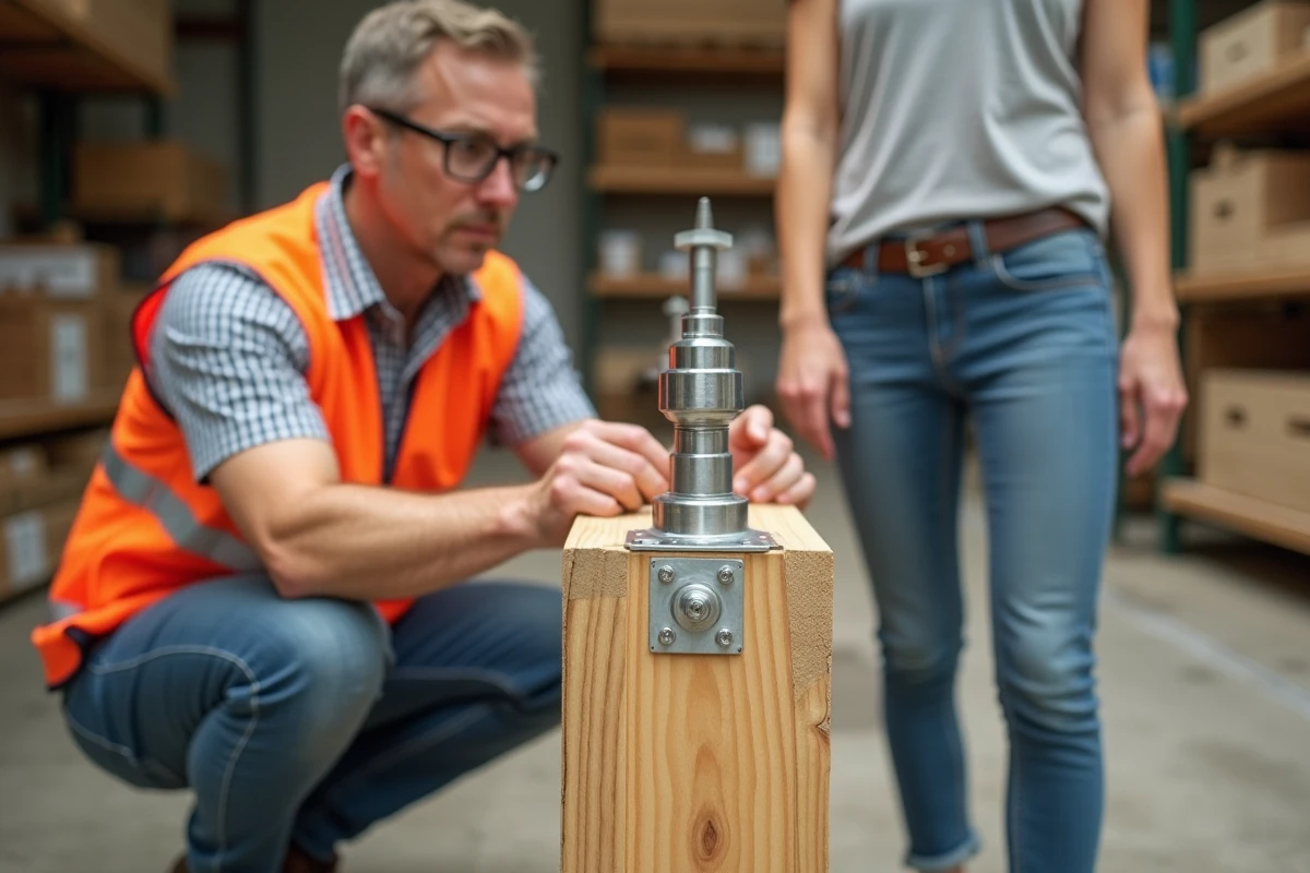 Employé de magasin de bricolage montrant les fixations métalliques d'une pergola 5x4 à une cliente