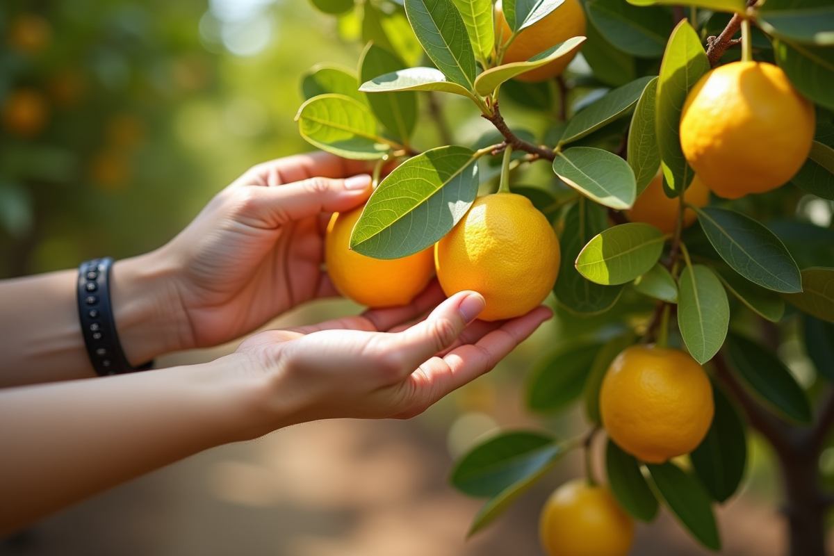 Personne examinant une branche de citronnier avec feuilles jaunes en extérieur