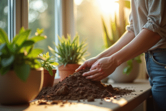 Personne mélangeant du terreau dans un appartement lumineux avec plantes