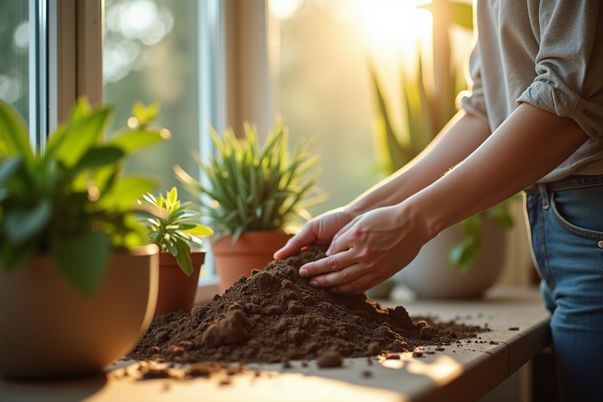 Personne mélangeant du terreau dans un appartement lumineux avec plantes