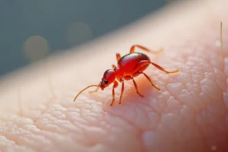 Petite bestiole rouge microscopique sur la peau humaine, photo macro réaliste d'un acarien écarlate