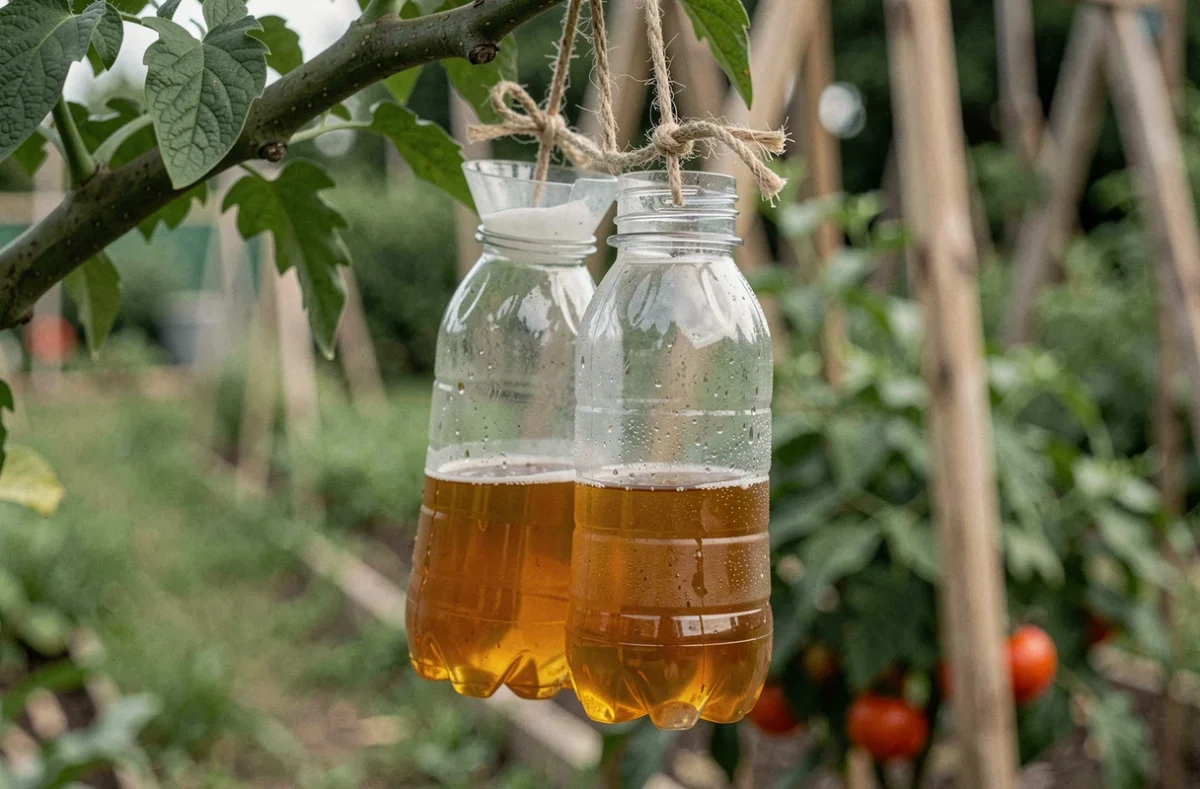 Piège à frelons fait maison en bouteille plastique rempli de liquide sucré suspendu à un arbre fruitier