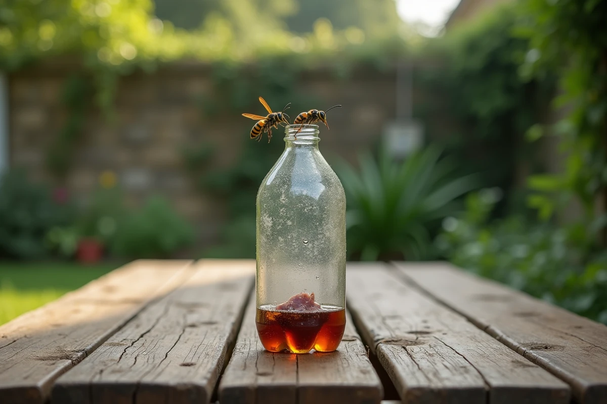 Piège à guêpes fait maison avec vinaigre et viande posé sur une table de jardin en bois avec des guêpes attirées