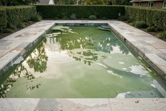 Piscine résidentielle avec eau verte trouble due à une prolifération d'algues et de vers