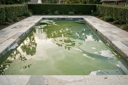 Piscine résidentielle avec eau verte trouble due à une prolifération d'algues et de vers