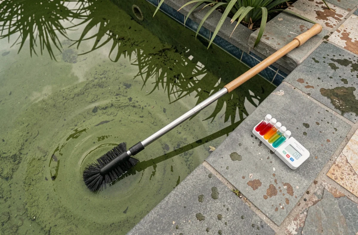 Vue en plongée d'une piscine verte avec brosse de nettoyage et kit de test de l'eau sur le bord