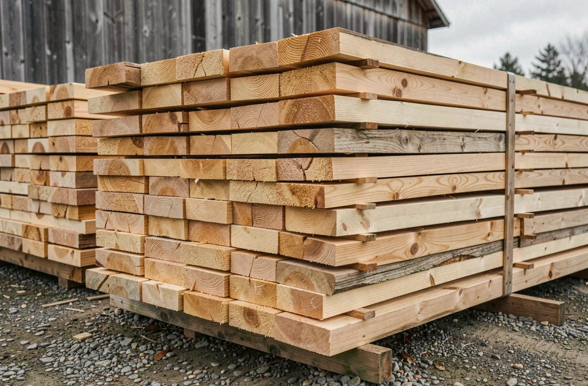 Pile de planches de bois fraîchement sciées en cours de séchage à l'air libre dans un chantier de bois rural