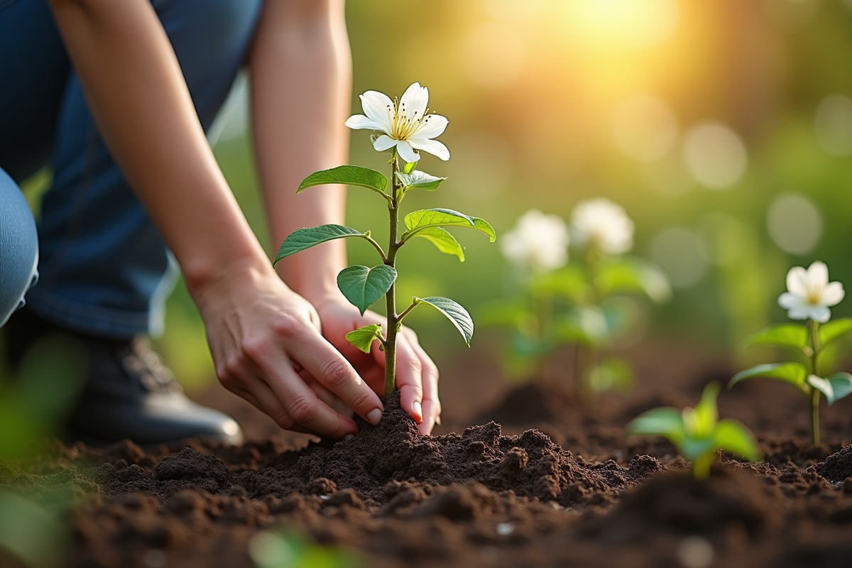 Jeune personne plantant un arbre blanc dans un jardin ensoleille