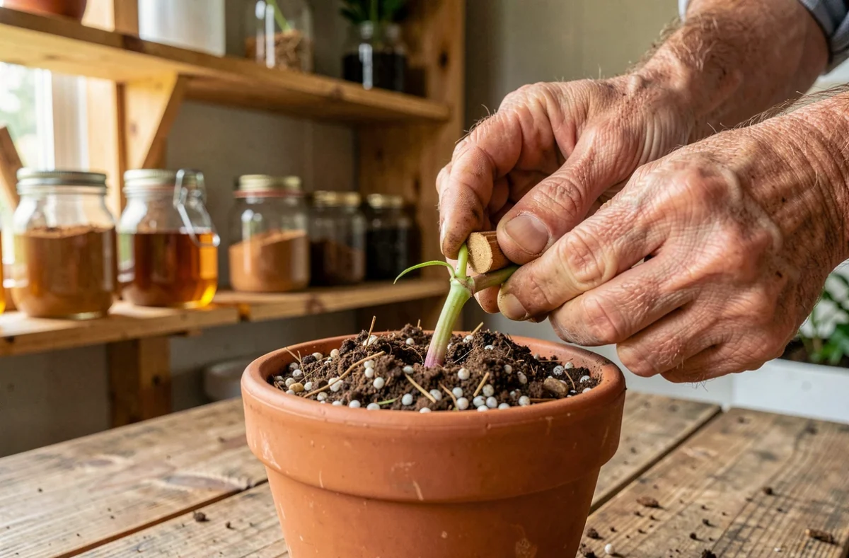 Mains plantant une bouture de pivoine dans un pot en terre cuite avec des solutions naturelles d'enracinement comme la cannelle et l'eau de saule