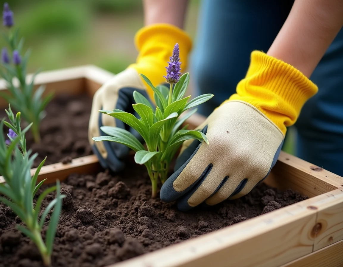 Mains d'un jardinier plantant un plant de lavande avec un mètre ruban pour respecter la distance d'espacement entre les plants
