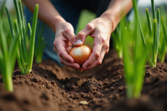 Jardinier plantant des oignons dans un jardin verdoyant