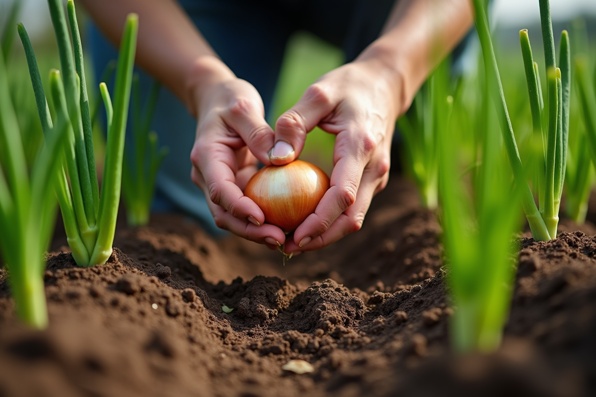 Jardinier plantant des oignons dans un jardin verdoyant