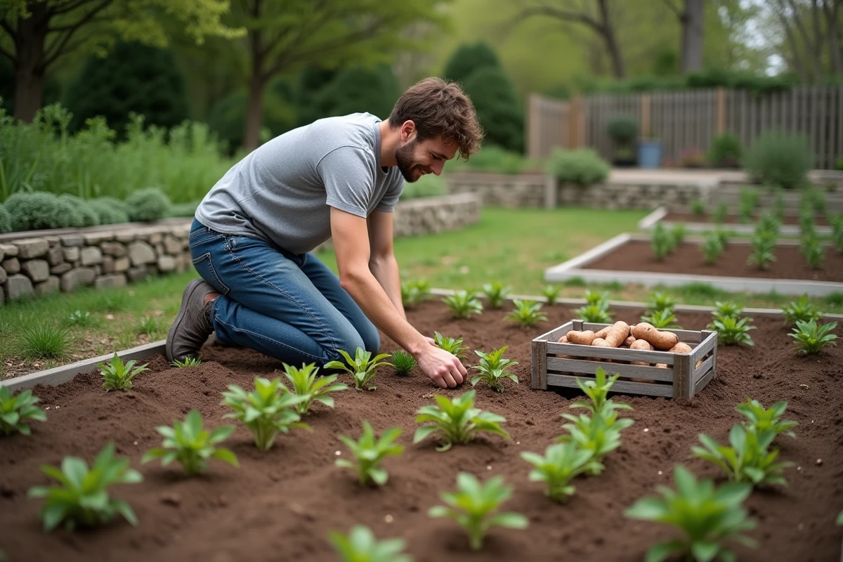 Plantation de plants de patates douces en pleine terre dans un potager au printemps
