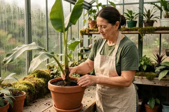 Femme qui plante un rejet de bananier dans un pot en terre cuite dans une serre tropicale