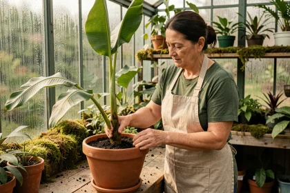 Femme qui plante un rejet de bananier dans un pot en terre cuite dans une serre tropicale