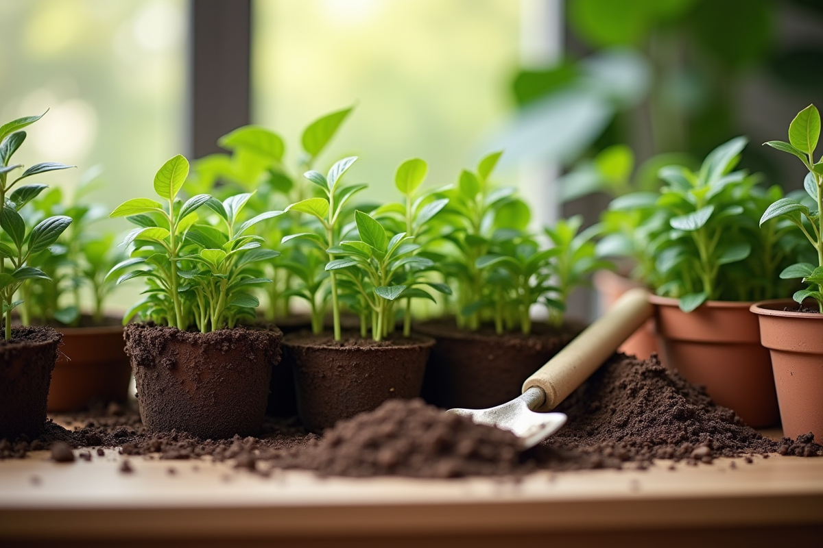 Plantes en pot sur une table en bois avec terre et outils de jardinage
