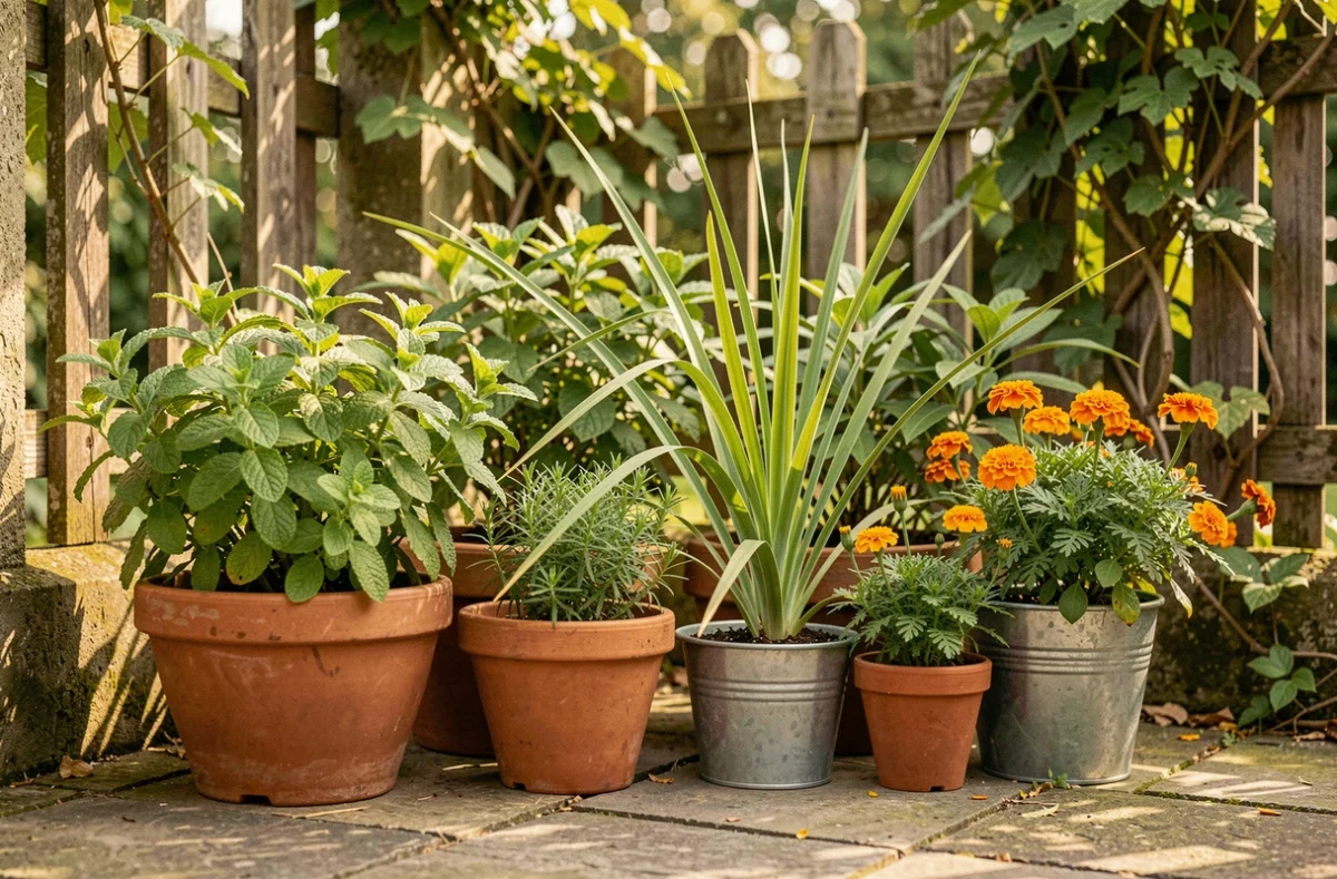 Assortiment de plantes répulsives contre les mouches en pots sur une terrasse extérieure en pierre