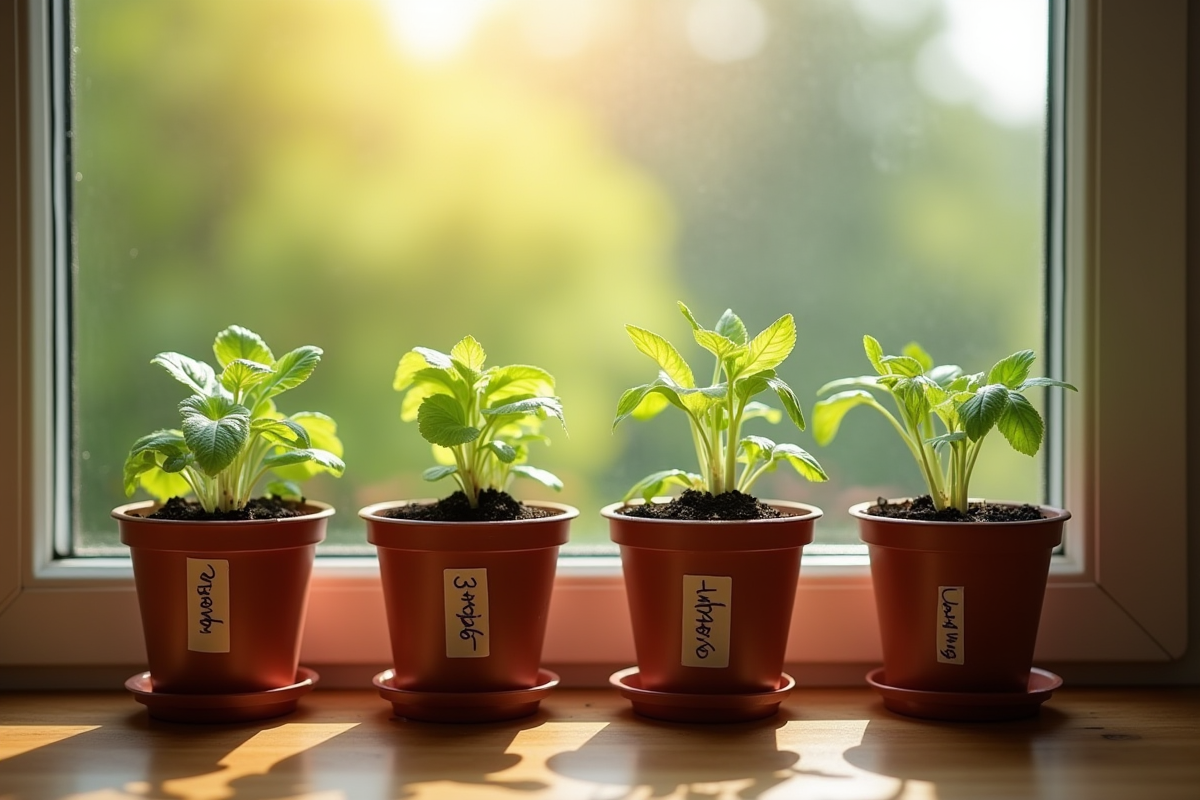 Jeunes plants de légumes sur une fenêtre de cuisine au printemps