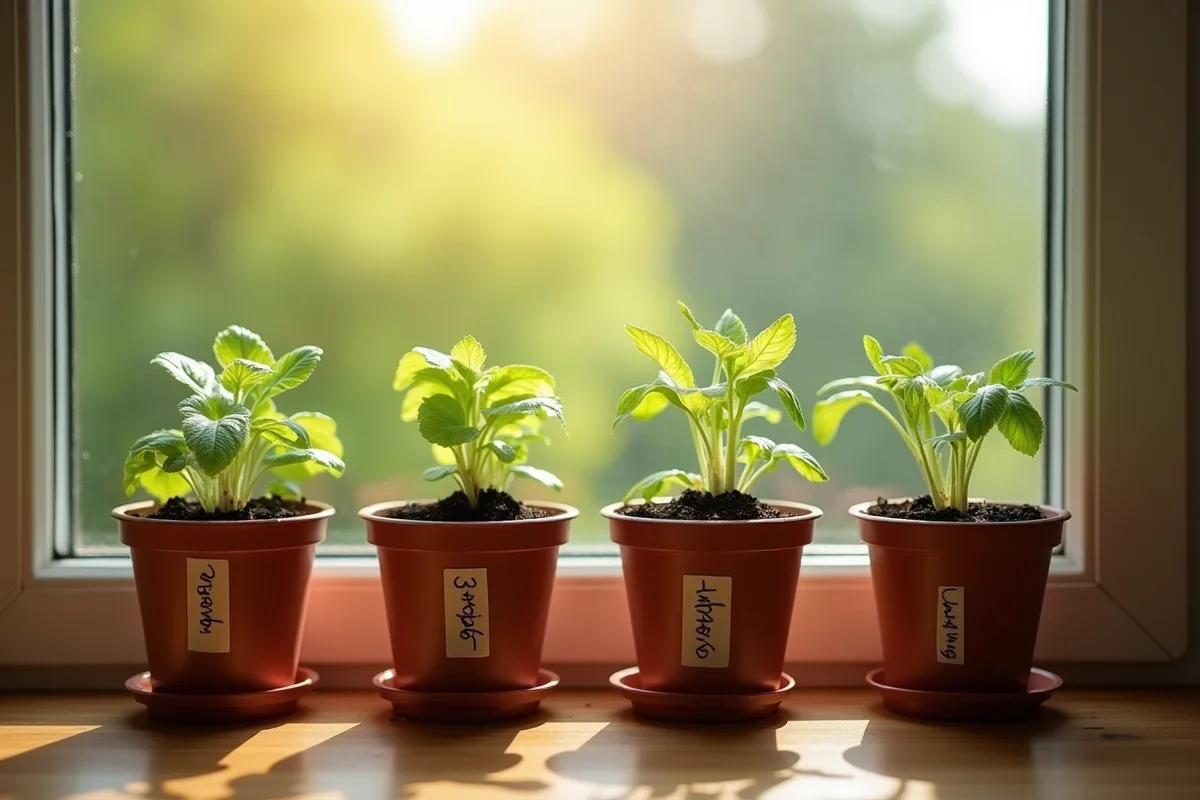 Jeunes plants de légumes sur une fenêtre de cuisine au printemps