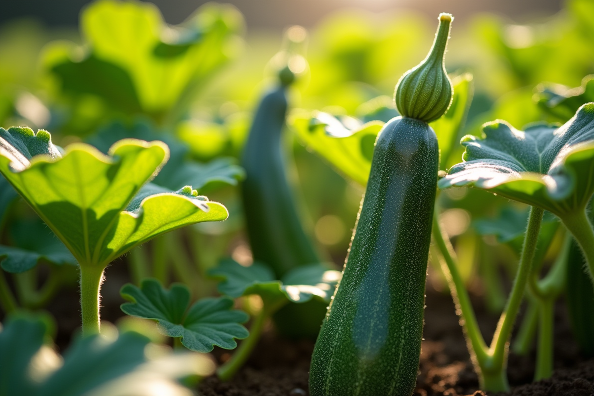 Jeunes plants de courgettes en jardin au matin