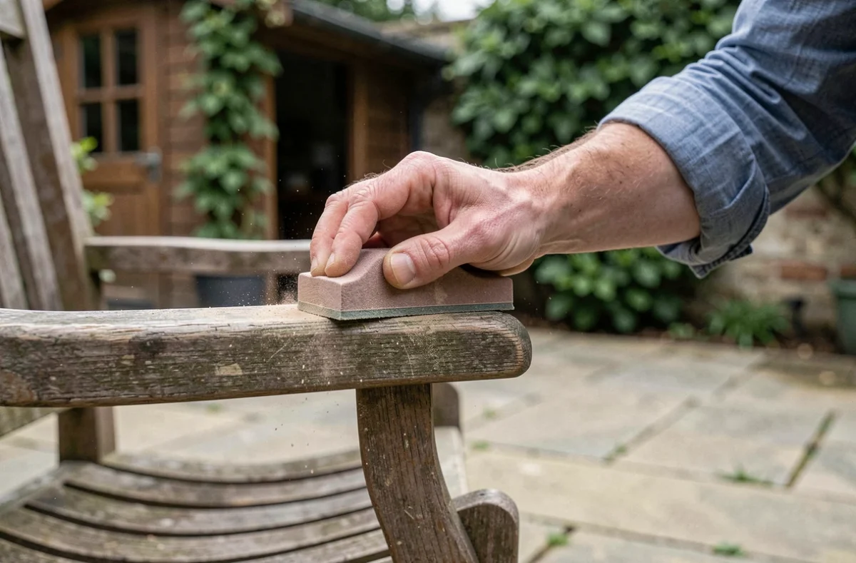 Gros plan sur un homme ponçant l'accoudoir d'un fauteuil en bois de jardin avant l'application d'un produit de traitement