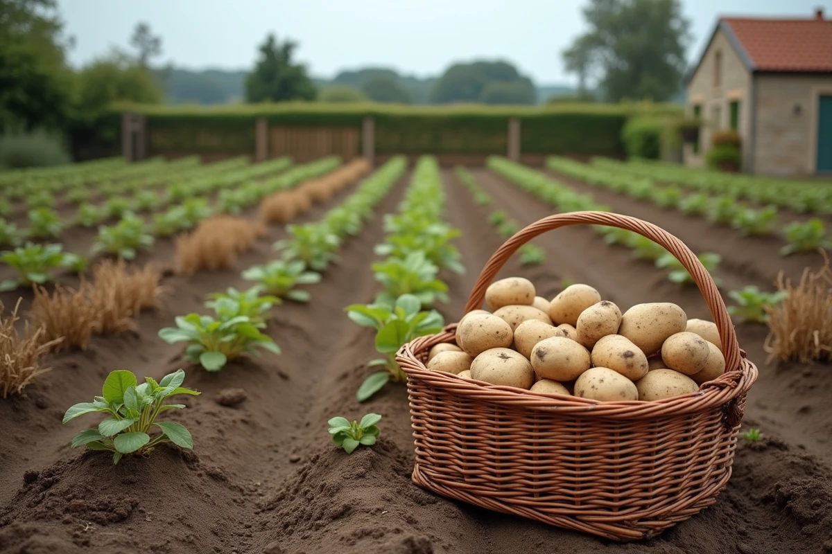 Vue d'ensemble d'un potager avec des rangées de pommes de terre en fin de saison et un panier de récolte