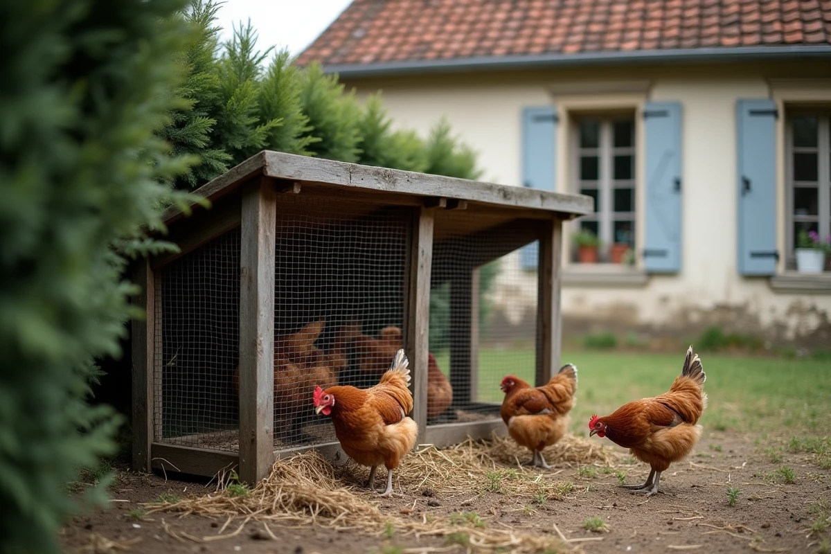 Poulailler en bois dans un jardin pavillonnaire français avec des poules en liberté
