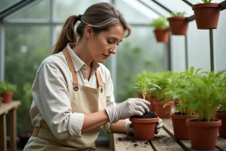 Femme préparant des plants de patates douces dans des pots en terre cuite dans une serre