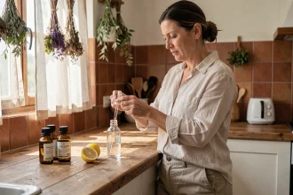 Femme préparant un répulsif anti-taon fait maison avec des huiles essentielles dans une cuisine rustique