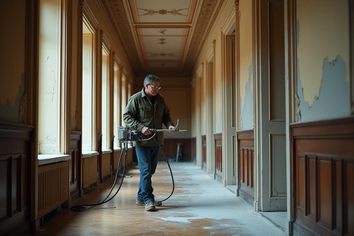 Artisan utilisant un pulvérisateur airless dans un couloir en bois d'une maison de ville du XIXe siècle