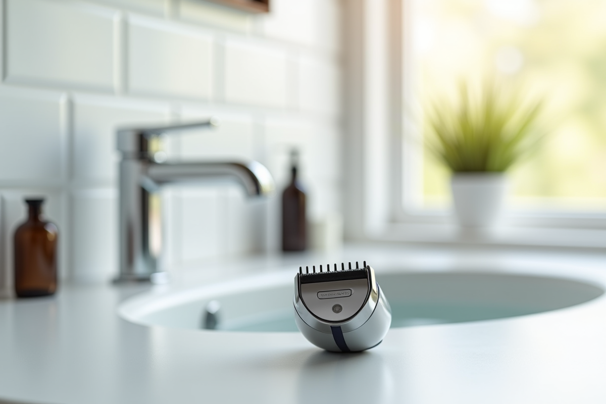 Rasoir electrique sans fil sur un plan de toilette blanc
