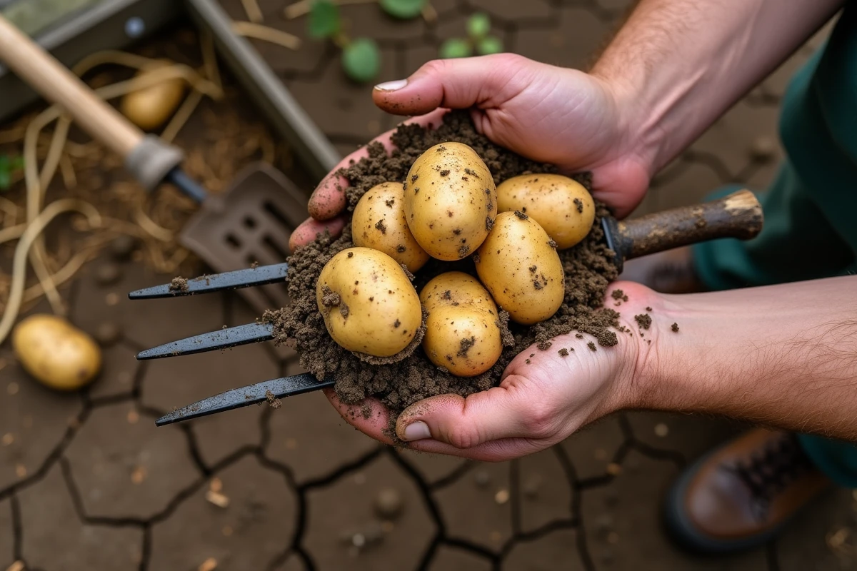 Mains récoltant des pommes de terre matures dans un sol sec et craquelé avec une fourche de jardin