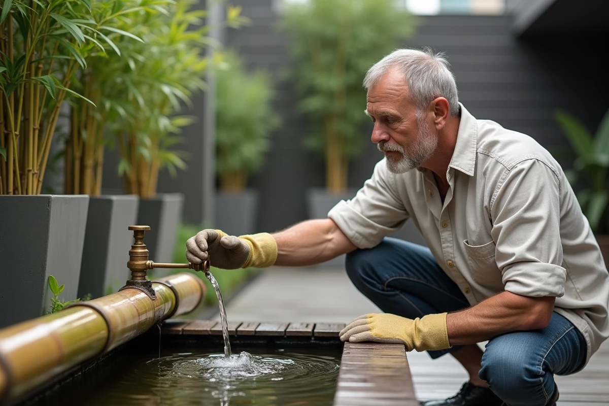 Homme réglant le débit d'une fontaine en bambou sur une terrasse en bois avec une valve d'ajustement