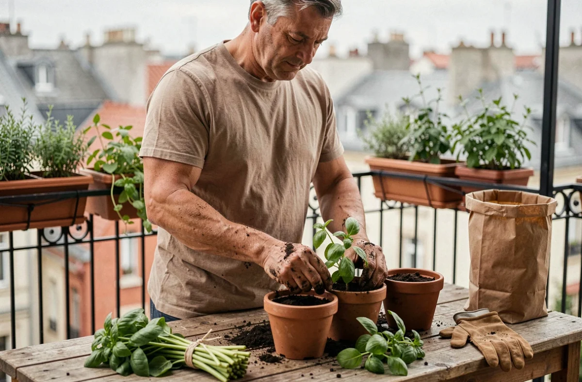 Homme qui repique des tiges de basilic taillé dans des petits pots en terre cuite sur un balcon urbain