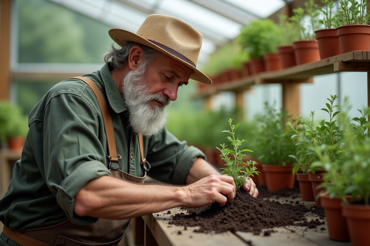 Homme replantant un thym dans une serre lumineuse