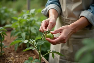 Jardinière bio retirant un gourmand de tomate avec les doigts dans un potager écologique