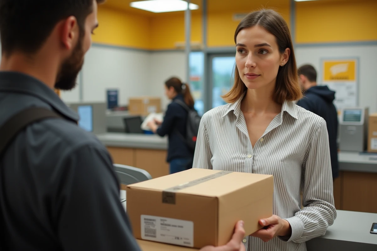 Femme déposant un colis de retour en bureau de poste dans le cadre d'un remboursement KIMEO France