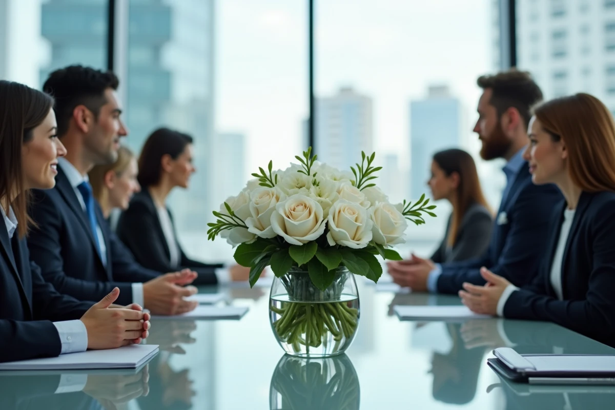 Groupe de professionnels autour d une table avec bouquet de roses et orchidées